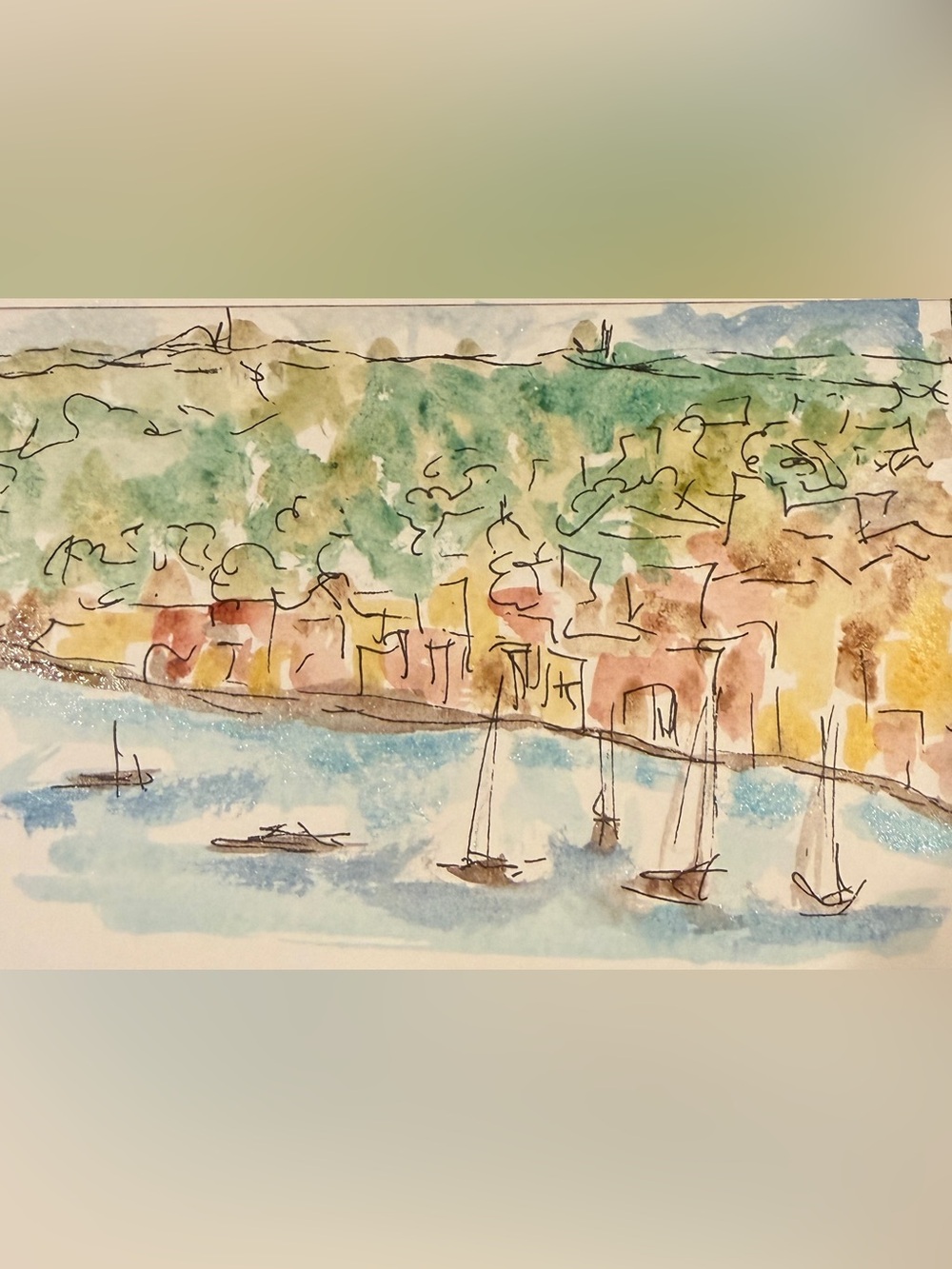Watercolor Harbor Scene Art Painting in Blue and Green